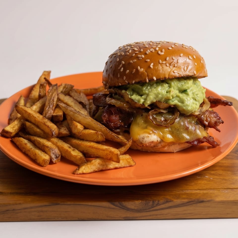 A gourmet burger with guacamole, caramelized onions, and bacon, served with fries on an orange plate.