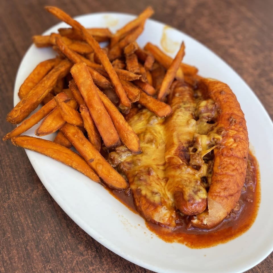 Chili cheese dog with sweet potato fries on a white plate, on a wooden table.