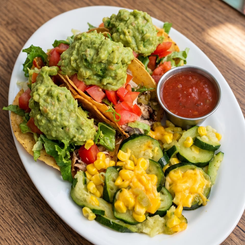 Three tacos with guacamole, lettuce, and tomatoes, served with salsa and a side of zucchini and corn.