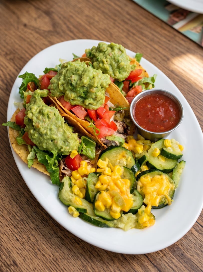 Three tacos with guacamole, lettuce, and tomatoes, served with salsa and a side of zucchini and corn.