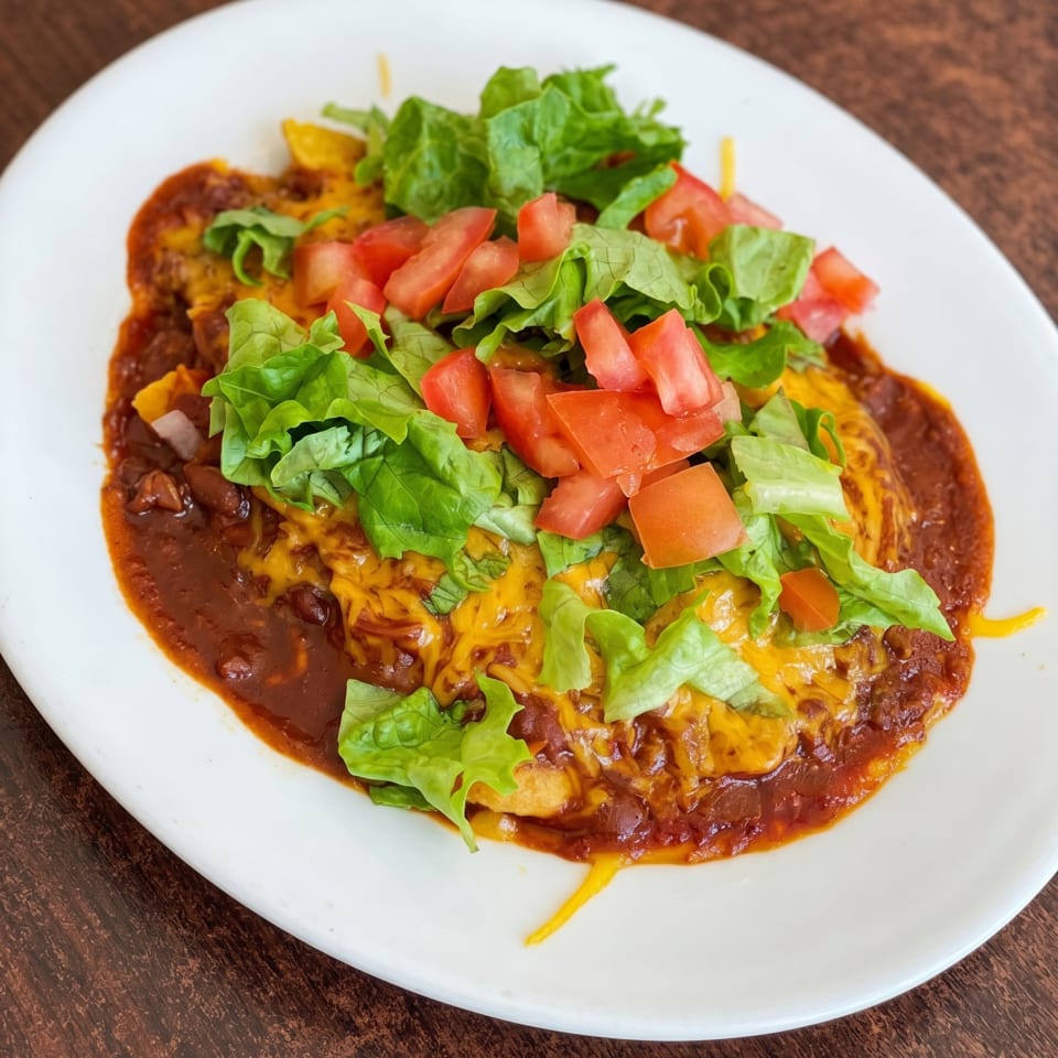 A plate of enchiladas covered in chili, melted cheese, lettuce, and diced tomatoes.