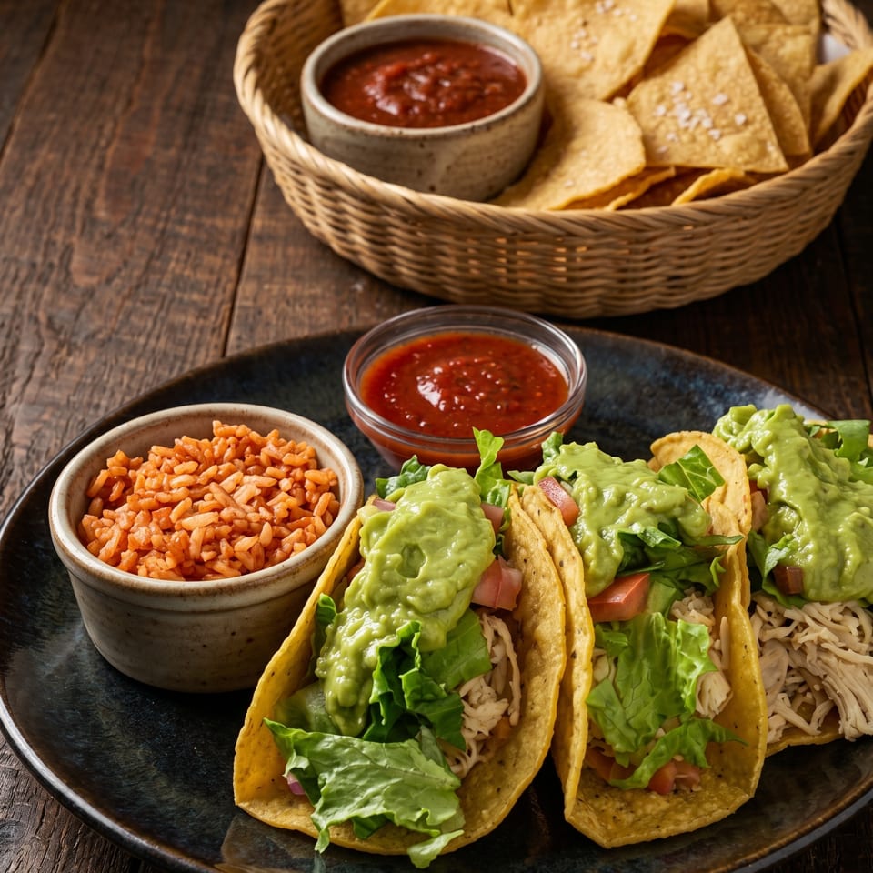Three chicken tacos with guacamole, lettuce, and tomatoes, served with rice, salsa, and tortilla chips.