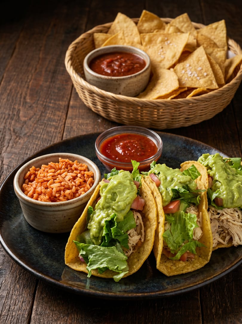 Three chicken tacos with guacamole, lettuce, and tomatoes, served with rice, salsa, and tortilla chips.