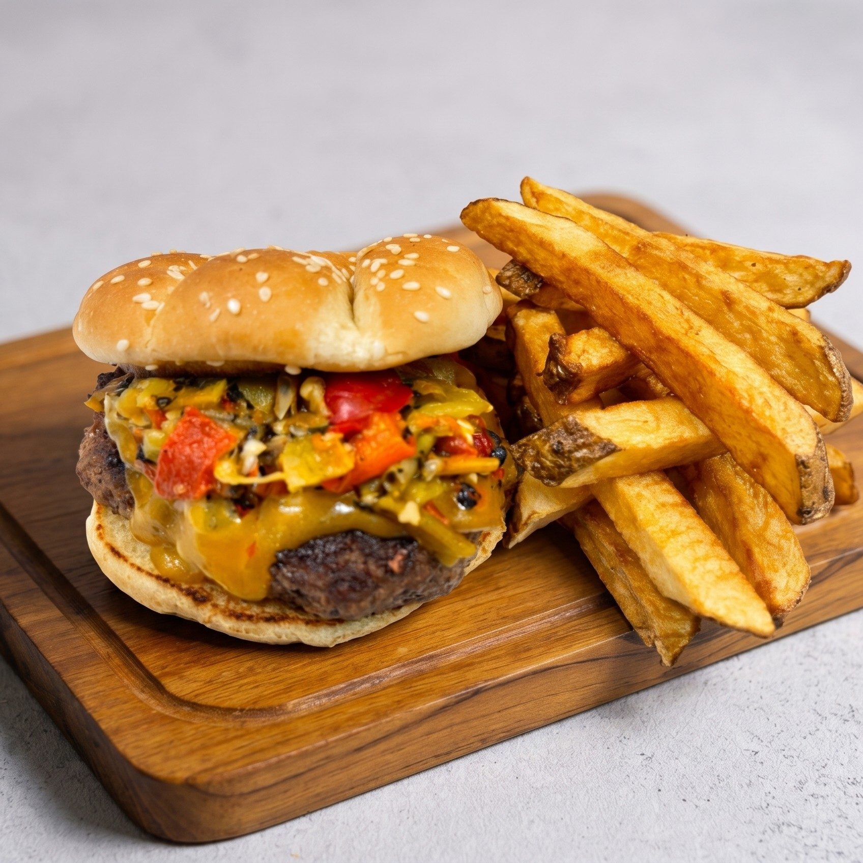 6 oz Mushroom Green Chile Cheeseburger.